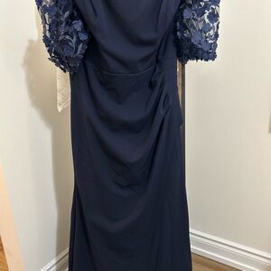 Xscape Elegant Navy Dress with Lace Sleeves